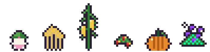 Turnip, wheat, corn, strawberry, pumpkin and Sol Berry sprites